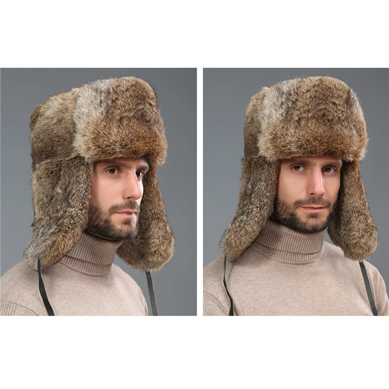 Rabbit Fur Hat Winter Fur Hat Thickened Warmth and Cold-proof Outdoor Cotton Ear Cap Rabbit Fur Cap Earflap Men Snow Caps brown leather bomber hat