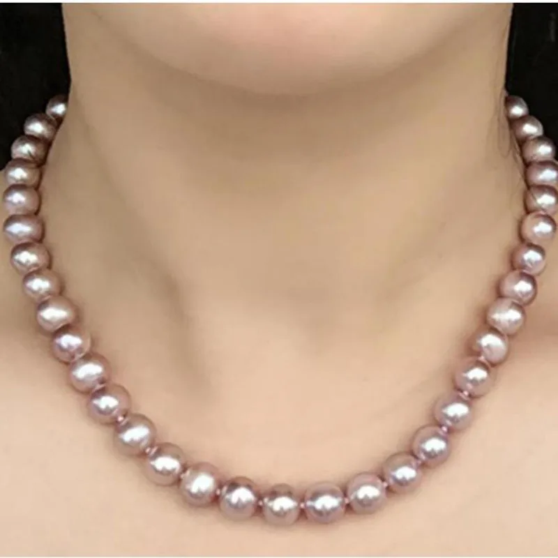 Elegant9-10mm пресной воды круглый Лавандовый жемчуг ожерелье 18inch925silver
