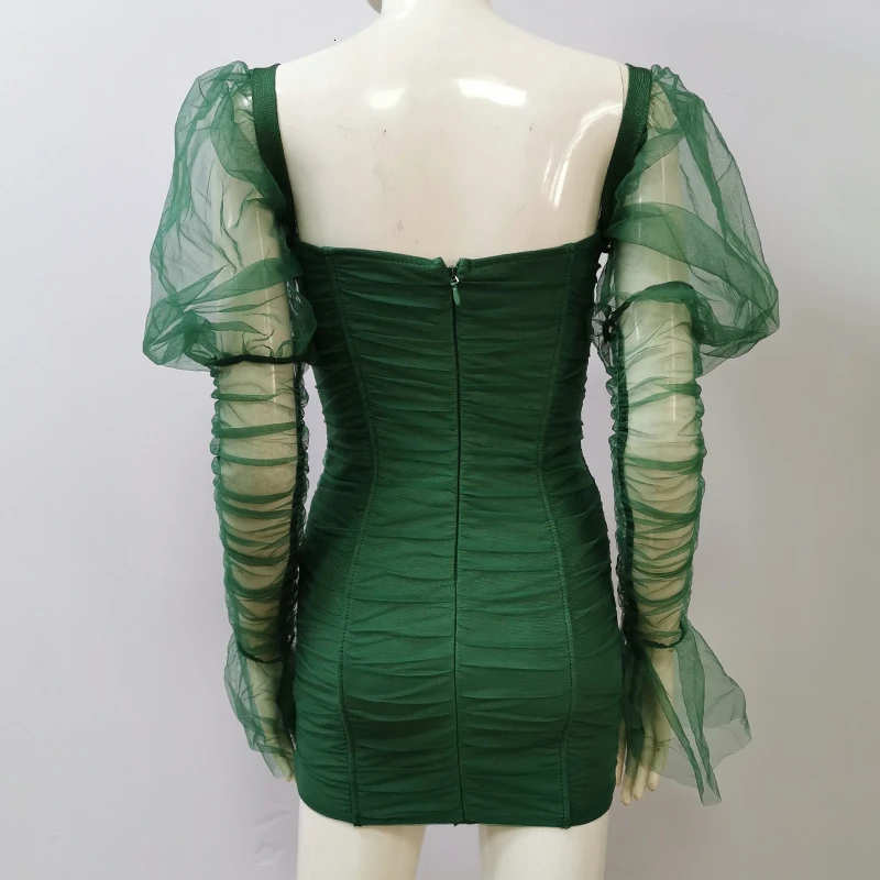 [LIVIVIO] Green Sexy Patchwork Sheer Mesh Puff Long Sleeve Ruched Bodycon Mini Dresses For Women Autumn Female Fashion Clothing