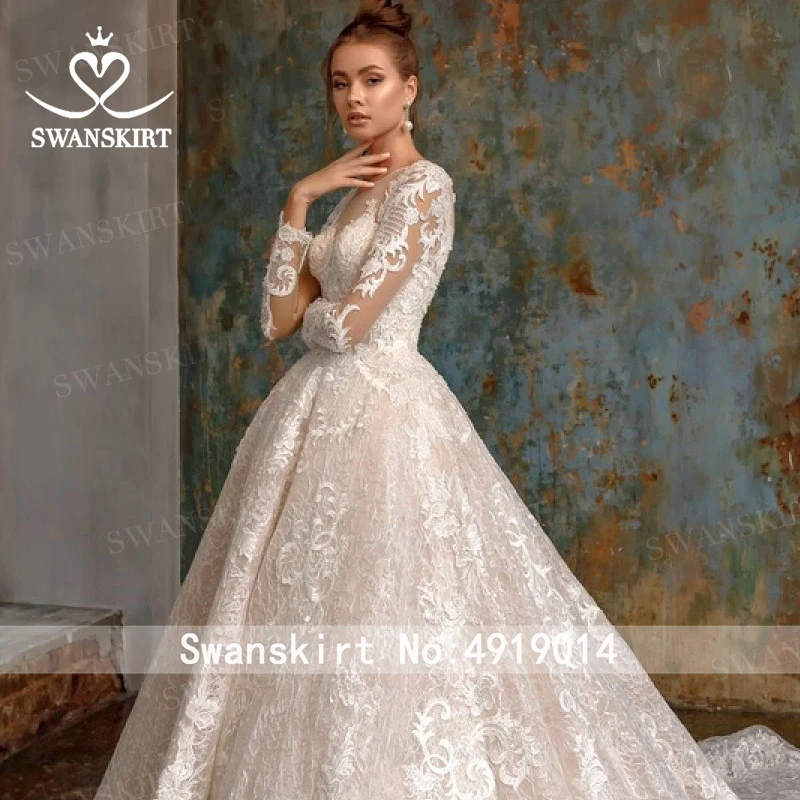 Swanskirt, сексуальное бальное платье с длинным рукавом, свадебное платье,, винтажное, с глубоким вырезом, с аппликацией, принцесса, свадебное платье, Robe De Mariage N105