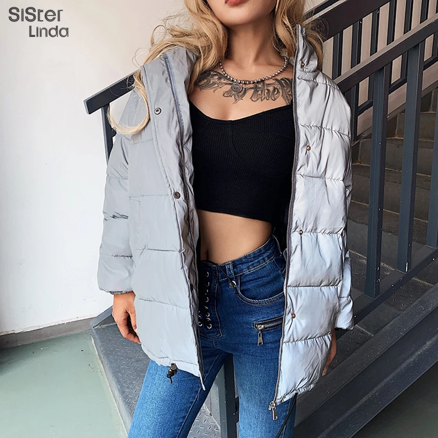 Koop Sisterlinda Reflecterende Warme Lange Jas vrouwen Bovenkleding Parka Jas Herfst Winter Coltrui Parka Party Jas Losse Bovenkleding