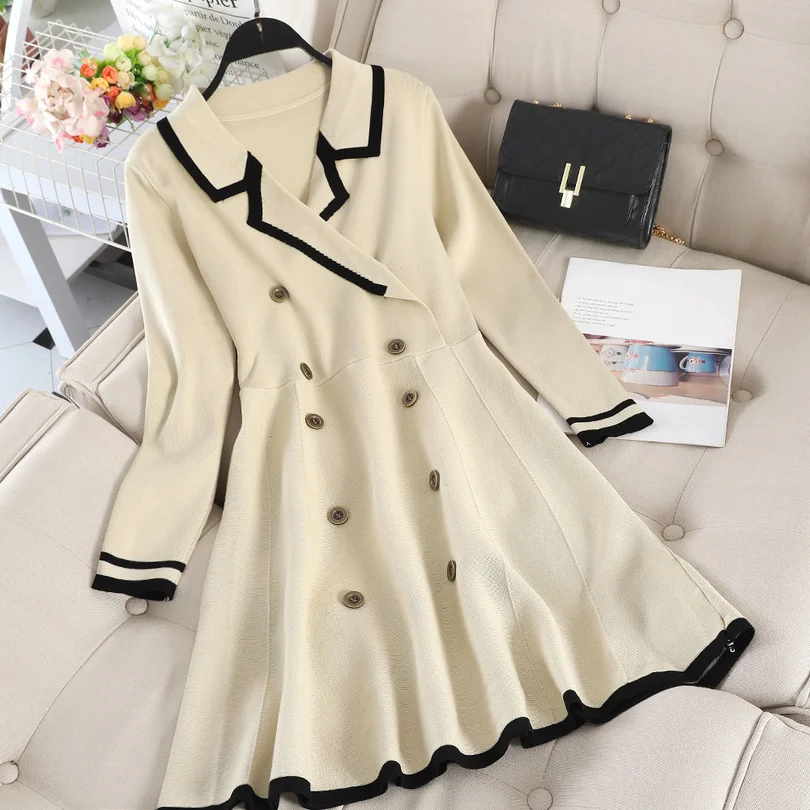 

TYHRU Fall Women Splicing Long Sleeve Notched Collar Double Breasted Dress