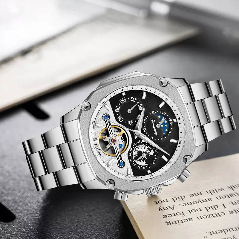FORINING мужские часы автоматические механические часы Moon phase Tourbillon часы для мужчин s Скелет Мужские часы Relogio Masculino подарки