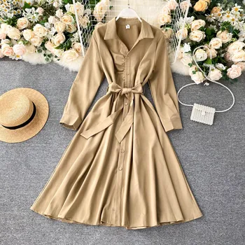 

Women's Mid-Length Shirt Dress 2020 Autumn New Design Pleated Lace-up Waist Slim Dress with belt elegant dress Office Lady