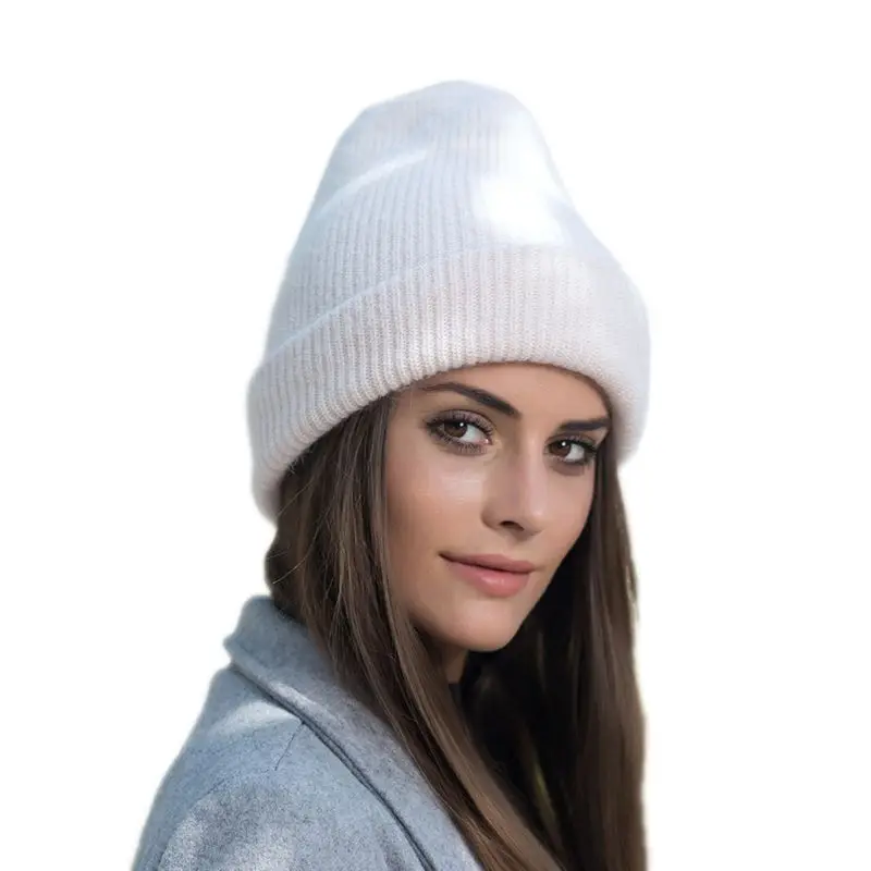 

2019 New Simple Rabbit Fur Beanie Hat for Women Winter Warm Cotton Knitted Cap for Girls Spring Skull Hats for Female