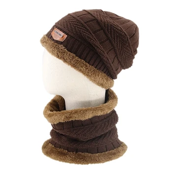 

2Pcs Winter Chunky Knit Beanie Hat Circle Scarf Set Plush Lined Warm Skull Cap LX9E