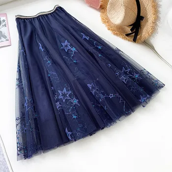 

ZCWXM Blue Stars Sequined Tulle A-line Skirts Women 2020 New Summer Sweet Elastic High Waist Skirt Female Printed Long Skirts