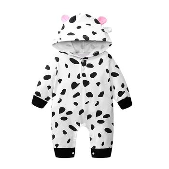 

Autumn Winter New Newborn Cute Cow Print Jumpsuit Button Rompers Long Sleeve Hooded Outwear Casual Keep Warm Cardigan Rompers
