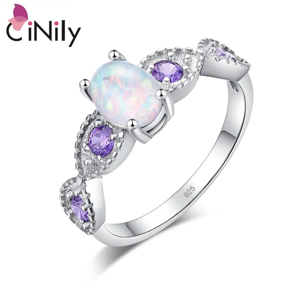 

CiNily Solid 925 Sterling Silver Created White Fire Opal Amethyst Wholesale for Women Jewelry Engagement Ring Size 7-8 SR008