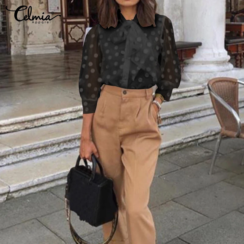 Celmia Summer Women Blouses Transparent Mesh Shirts 3/4 Sleeve Buttons Tops Bow Tie Polka Dot Blusas Femininas Plus Size