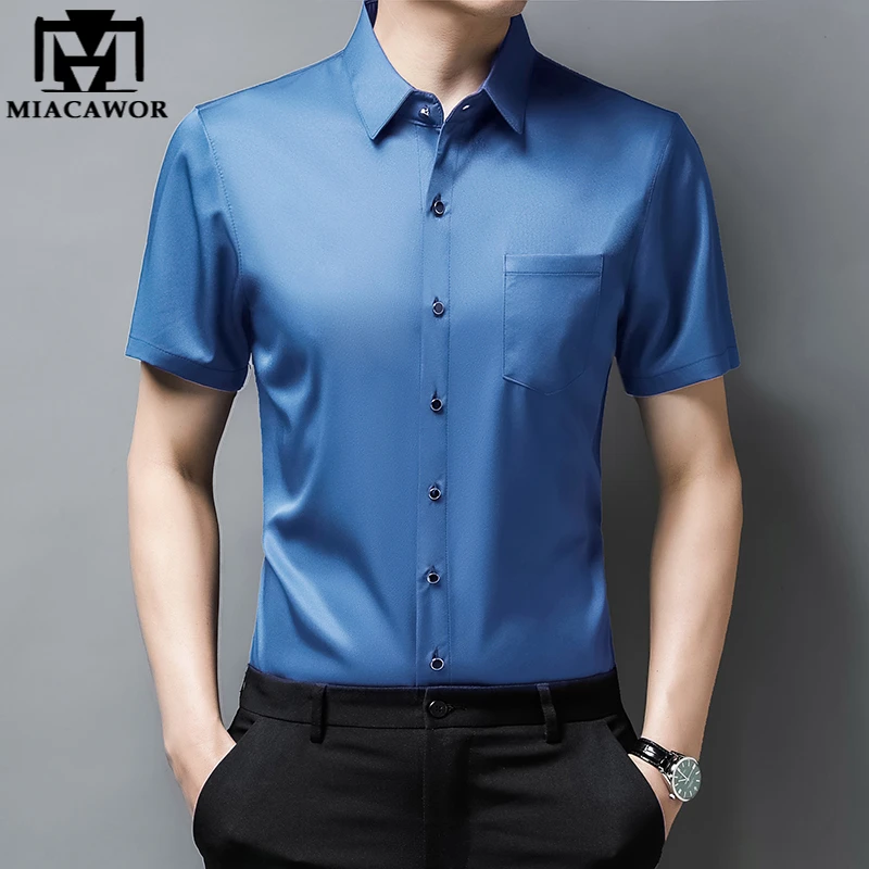 Camisa de vestir de manga corta para hombre, ropa ajustada, de seda, Color sólido, C753|Camisas informales| AliExpress