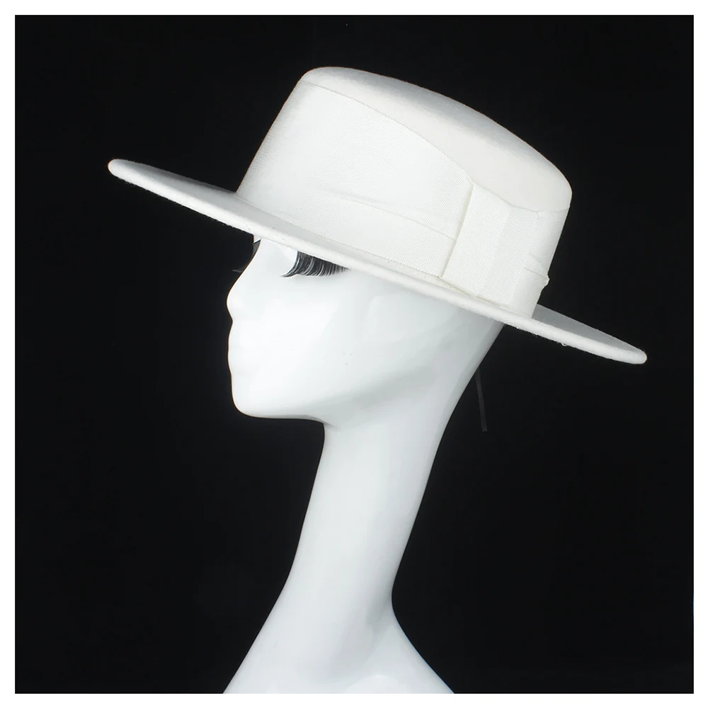 100% Wool Women White Flat Top Hat With 