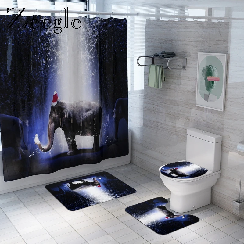 Zeegle 4pcs Bathroom Carpet Set Waterproof Bathroom Curtain Ant-slip Shower Mat Toilet Cover Seat Mat Absorbent Toilet Foot Mat