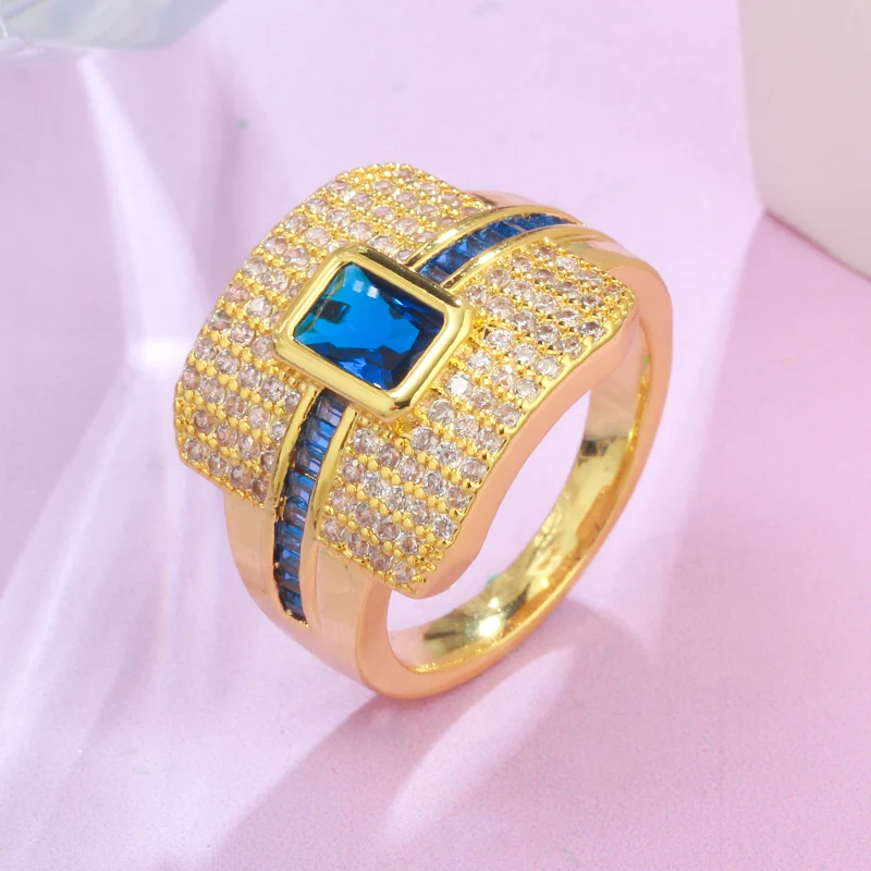 Gold Blue QooLady, европейский стиль, серебро и золото, квадратная огранка, белый, зеленый, синий, кубический цирконий, обручальные кольца с камнями для женщин, ювелирные изделия F028 - Цвет основного камня: Gold Blue