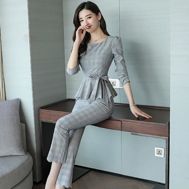 

Ellacey Ladies Plaid Two Piece Set With Sashes Ruffles 2 Piece Set Women Tops and Pants Suit Autumn Clothes for Women