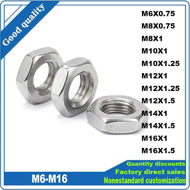 5/10Pcs Fine Thread M6 M8 M10 M12 M14 M16 Pitch 0.75/1/1.25/1.5 304 A2 Stainless Steel Flat Hex Hexagon Thin Nut Jam Nut DIN439