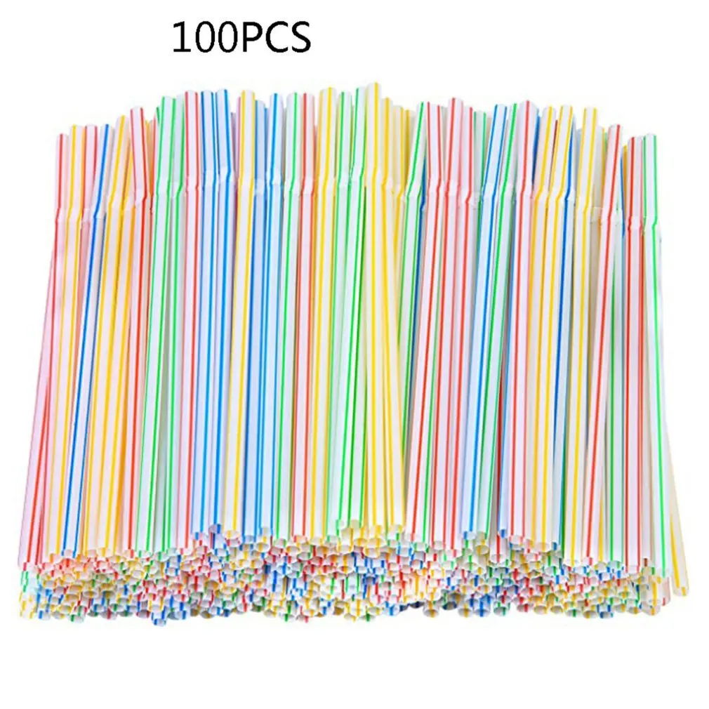 100Pcs Striped Plastic Straws Multi Colored Flexible Bendable Drinking