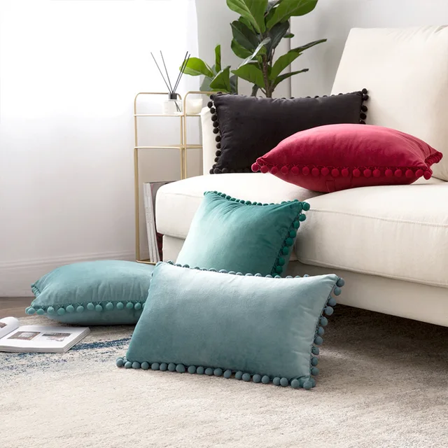 Sofa Cushion Cover Velvet Decorative Pillow Case Solid Color Pillowcase with Pompom Ball 45x45cm/30x50cm Living Room Home Decor 2