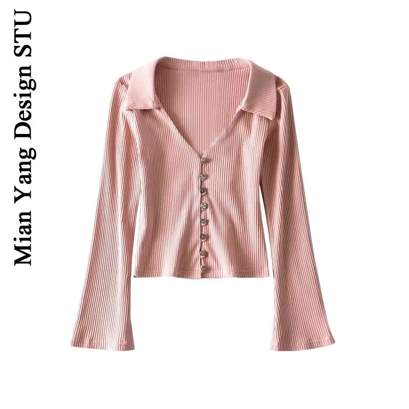 Однотонная рубашка в стиле ретро маленький топ рубчик с V-образным вырезом