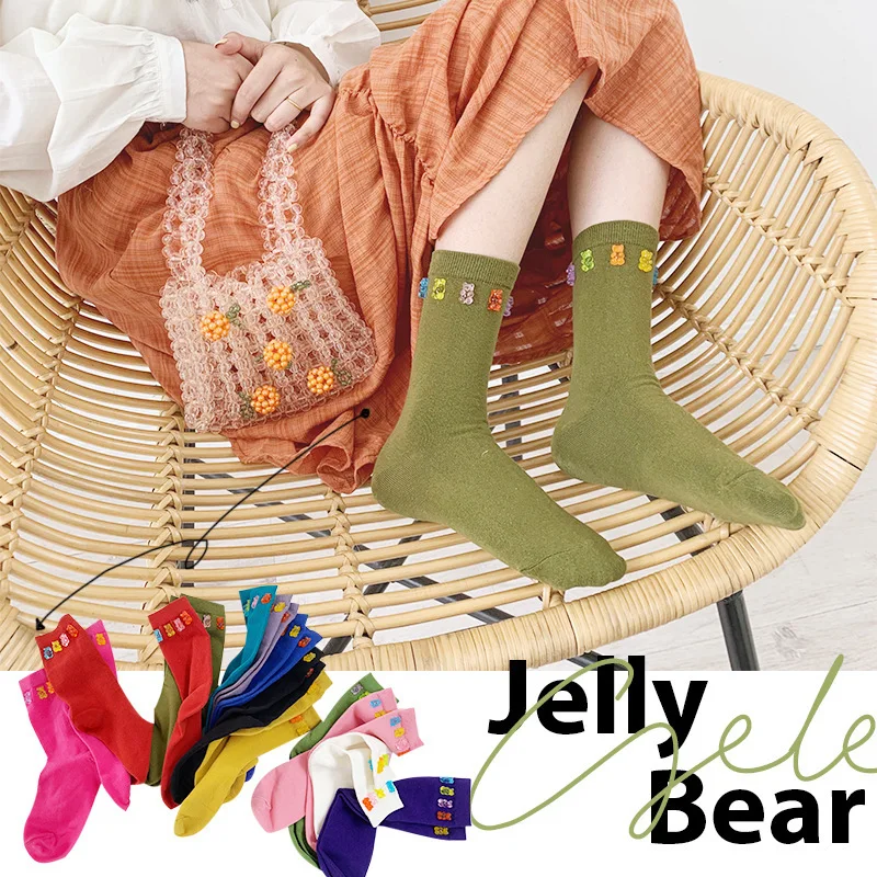 

SP&CITY Vogue Color Matching Solid Socks Women Transparent Jelly Bear Decoration Cute High Socks Cotton Knee Socks Korean Sox
