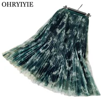 OHRYIYIE, зеленые винтажные женские юбки с принтом, весна-лето, элегантная длинная Плиссированная юбка миди, женские пляжные вечерние юбки из тюля