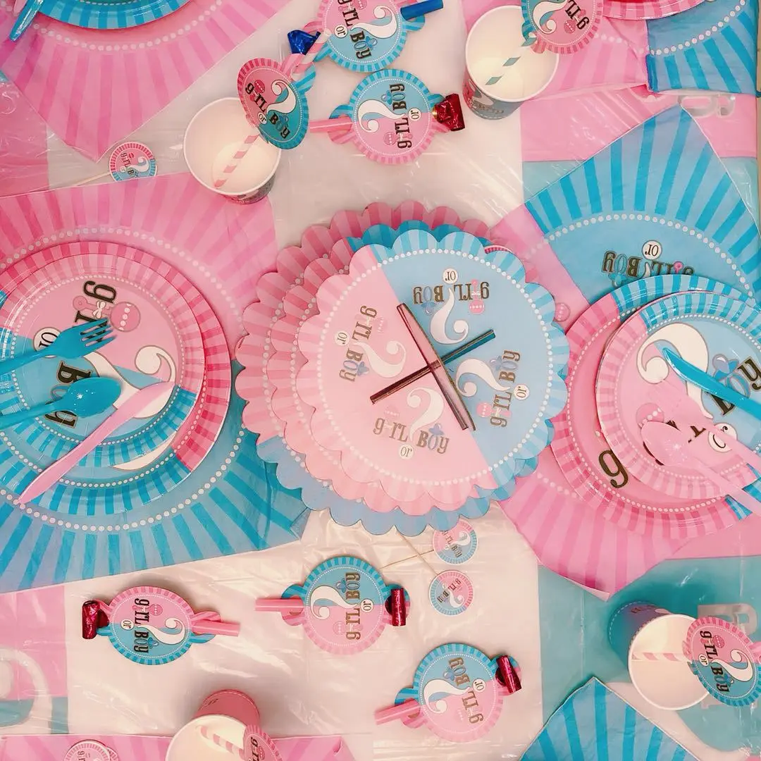 

Gender Reveal Disposable Tabelware Set Boy or Girl Child Birthday Party Hat Tablecloth Paper Cup Dishware Supplies Decoration