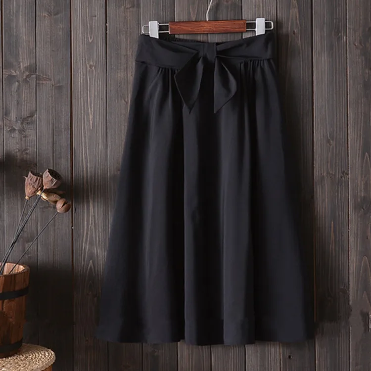 Осенне-Летняя женская юбка, корейская мода, дикая одноцветная юбка средней длины с высокой талией в стиле ретро, Женская юбка с поясом, женские юбки - Цвет: bow black