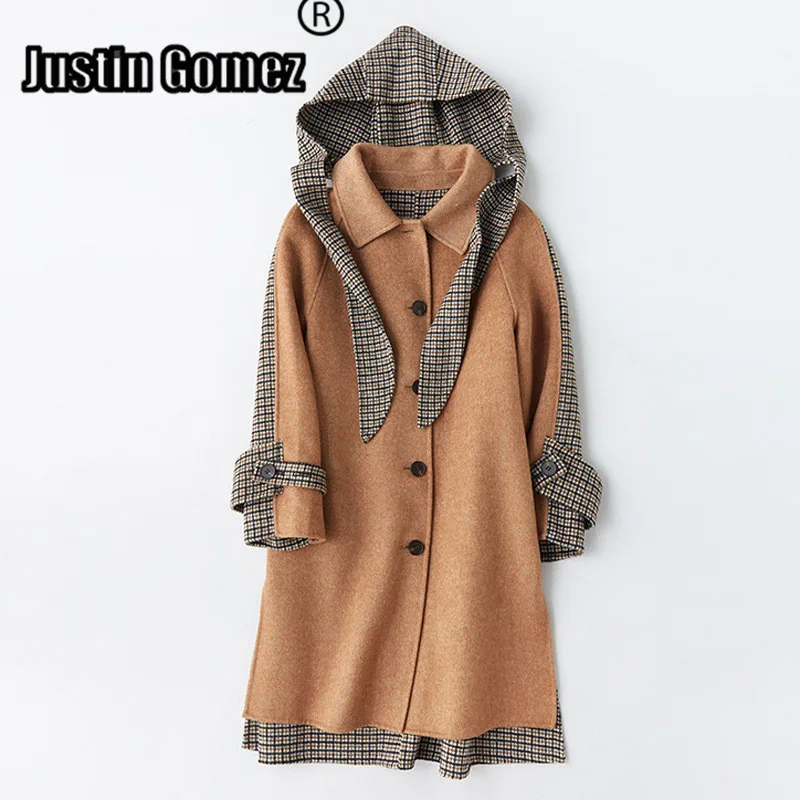 

Vintage Cashmere Coat With Removable Hood Plaid Patchwork Single-breasted Warm Thickness Wool Coat Spring Autumn Long Coat