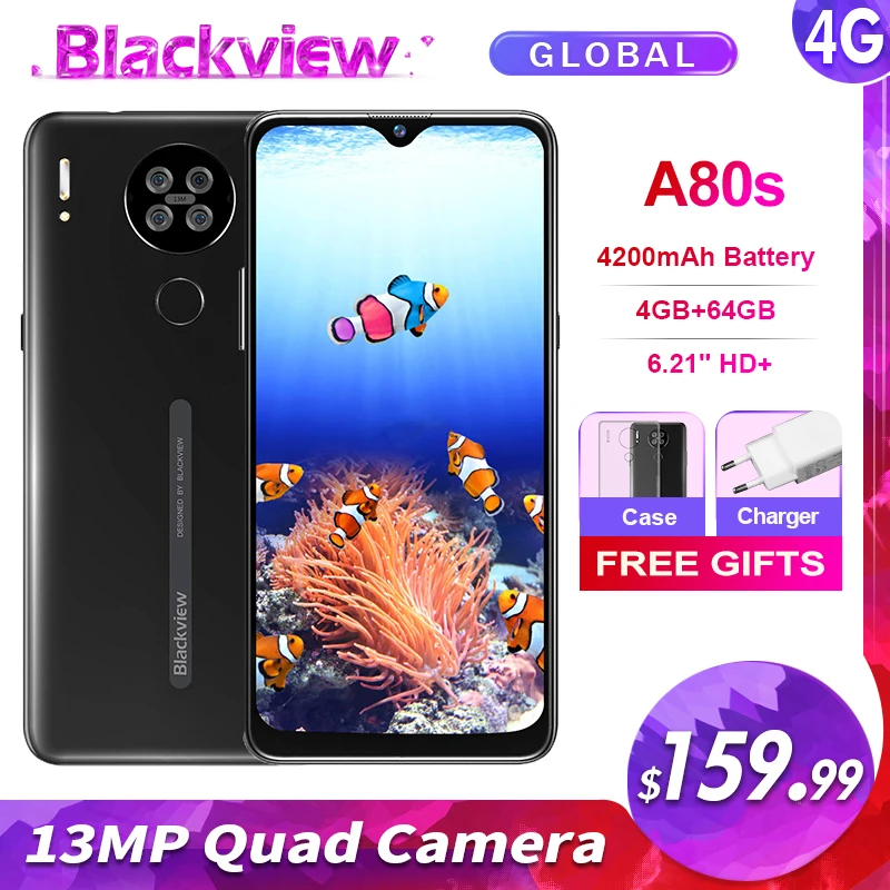 Blackview a80s 4gb + 64gb 4200mah smartphone 6.21 hd hd hd + android 10.0 octa núcleo 13mp quad câmera face id desbloquear 4g telefone móvel