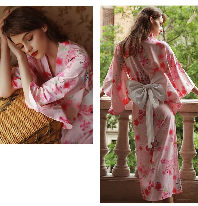 Sexy pink Japanese-style print kimono ancient robe bow perspective uniform temptation nightgown nightdress suit