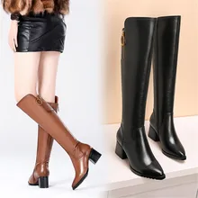 Pointed Thick High Heel Side Zipper Cow Leather Thick Heel Boots Rubber Winter Women's Boots Shoes High Heels Platform Boots