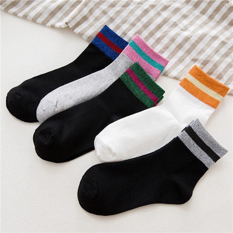 Женские носки в студенческом стиле с двумя или тремя полосками золотого и серебряного цвета хлопковые носки средней длины зимние носки для студентов