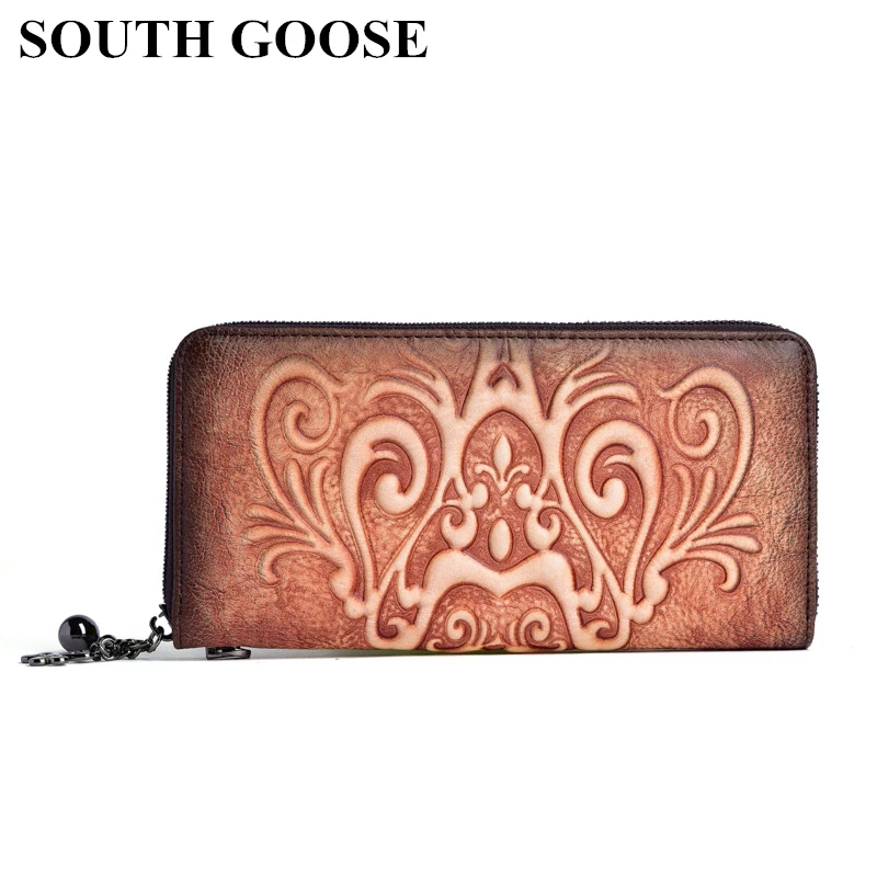 

SOUTH GOOSE New Genuine Leather Women Clutch Wallets Female Long Purse Flower Embossing Multiple Cards Holder Money Phone Bag