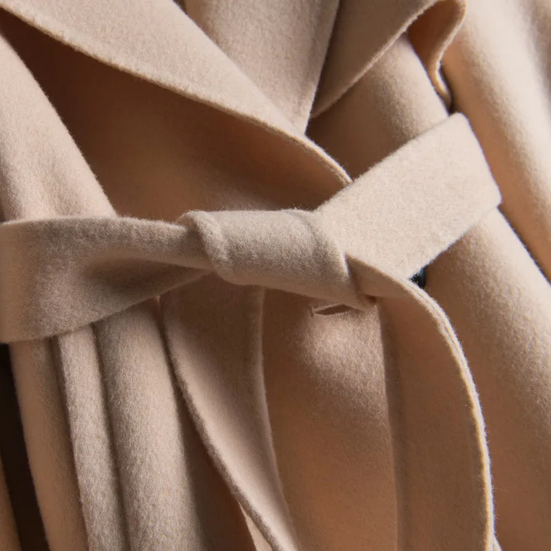 Осенне-зимняя высококачественная длинная Двусторонняя шерстяная куртка для женщин Винтажный Пояс шерстяное пальто большого размера тонкая комбинированная верхняя одежда женская