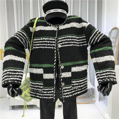 Полосатые женские пальто и куртки с широкой талией Abrigos Mujer Invierno, флисовая женская куртка с круглым вырезом и пуговицами - Цвет: Зеленый