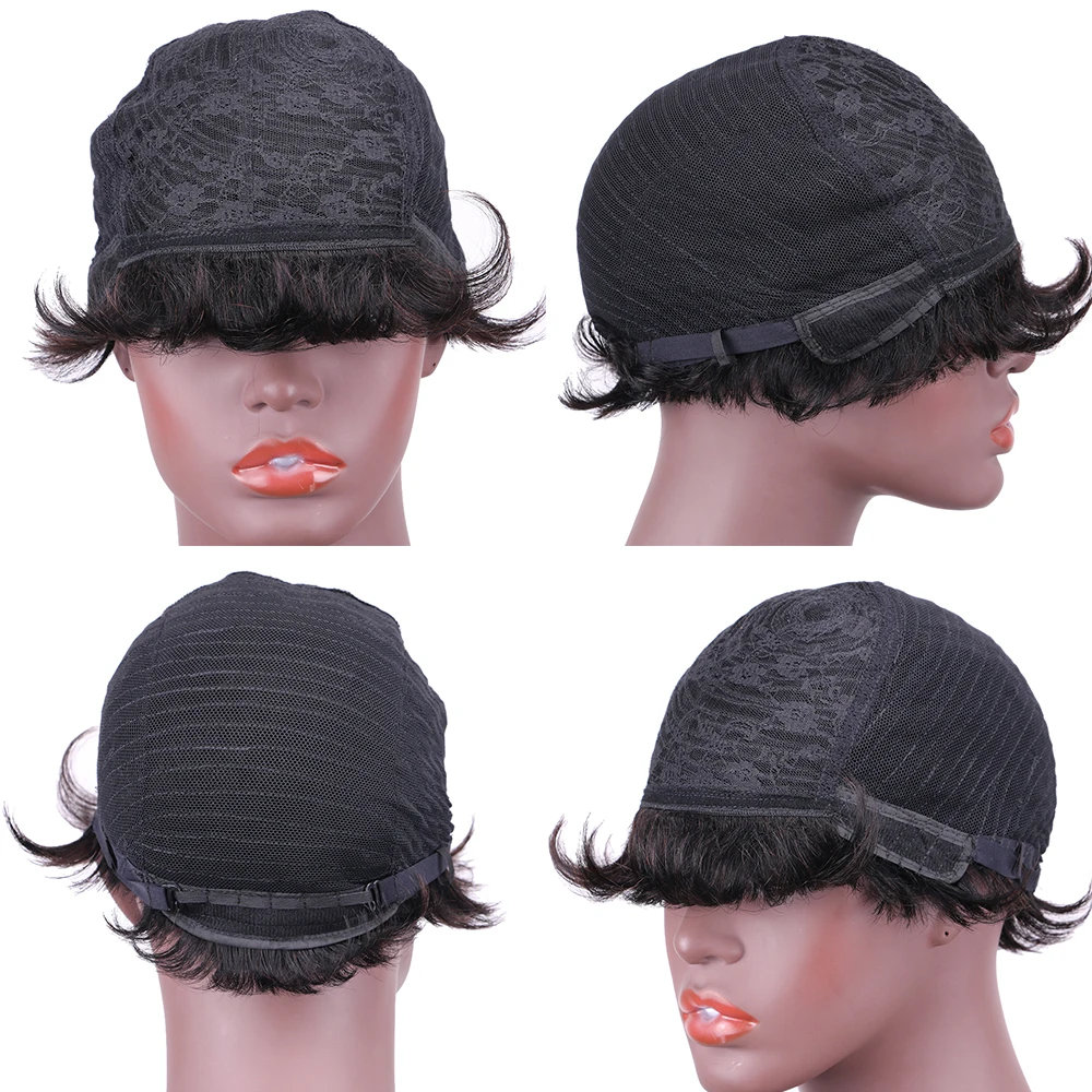 Piano Blonde Short Human Hair Wigs Pixie Cut Straight Remy for black women brown black 99j No Lace HighLight With Thick Fringe