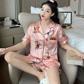 

Pink Silk Pajamas Set for Women Satin Sleepwear Short Sleeves tops+shorts Sleep Suit Ladies Pyjamas Home Clothing Nightwear suit