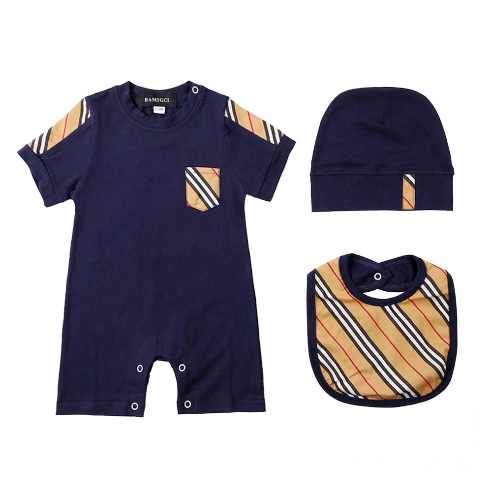 Nouveau été mode 3 pièces nouveau-né bébé garçons barboteuse filles bavoirs chapeaux ensembles Plaid rayures coton à manches courtes nouveau-né bébé vêtements