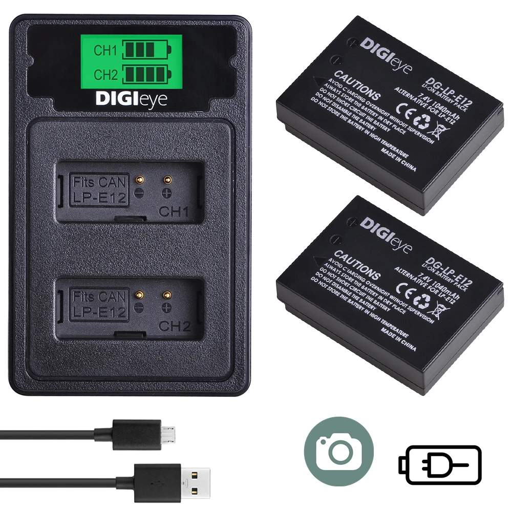 

2X LP-E12 LPE12 Battery + LCD Dual USB Charger with Type C for Canon Rebel SL1,PowerShot SX70HS, EOS M, EOS M2, M10, M50, M100