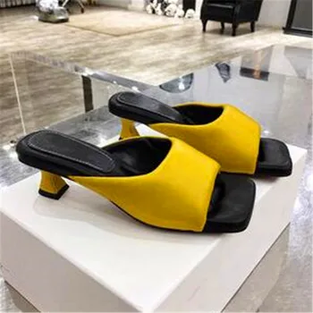 

Leather toe high heels ladies slippers fine heel black yellow high heels summer ladies party sandals