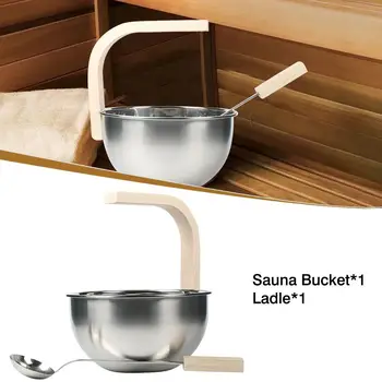 

With Ladle Premium 4L Finnish Sauna Bucket With Wooden Handle Spa Accessory Stainless Steel Barrel Stainless Steel Sauna Bucket