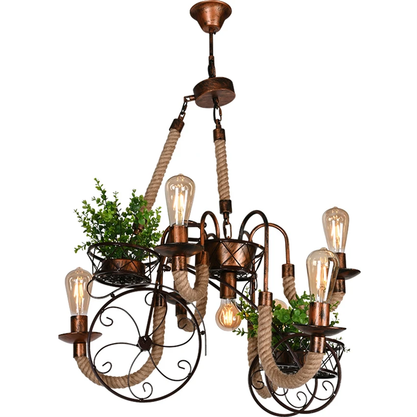 

loft iron metal hemp rope chandeliers lights restaurant bar florist dining room decorative American retro hanging lamps fixtures