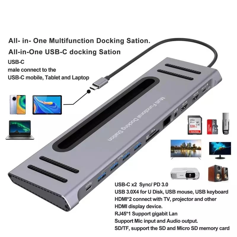 

12 In 1 Multi-function USB C Docking Station USB C Adapter 100W PD3.0 Power RJ45 USB-C Data Transmission 4K USB Hub Dock Station