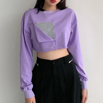 

Artsu 2020 Sweet Crewneck Long Sleeve Patchwork Cropped Tops Autumn Loosed Stitch Purple Sweatshirts 90s Streetwear Club 41752