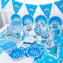Вечеринка для мальчика день рождение Синий Корона принца вечерние для украшения детского душа баннер для мальчиков скатерть стакан с