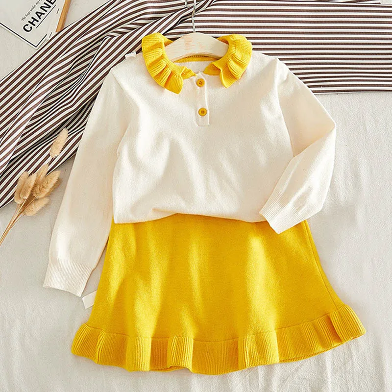 yellow -AX1299 Bear Leader Girls Dress New Winter Party Dress Long Sleeve Girls Dresses Kids Knitted Top Coat+ Dress Children Knitwear 2pcs - Цвет: yellow -AX1299