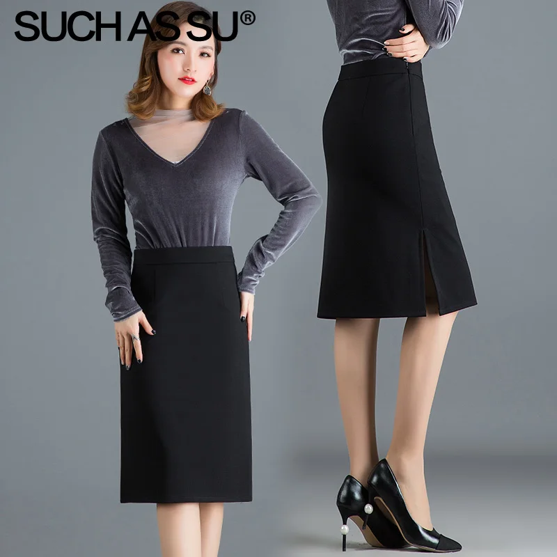 Новая зимняя трикотажная юбка с запахом, женская черная юбка-карандаш с высокой талией, S-3XL размера плюс, до колена, с высоким разрезом, Женская юбка