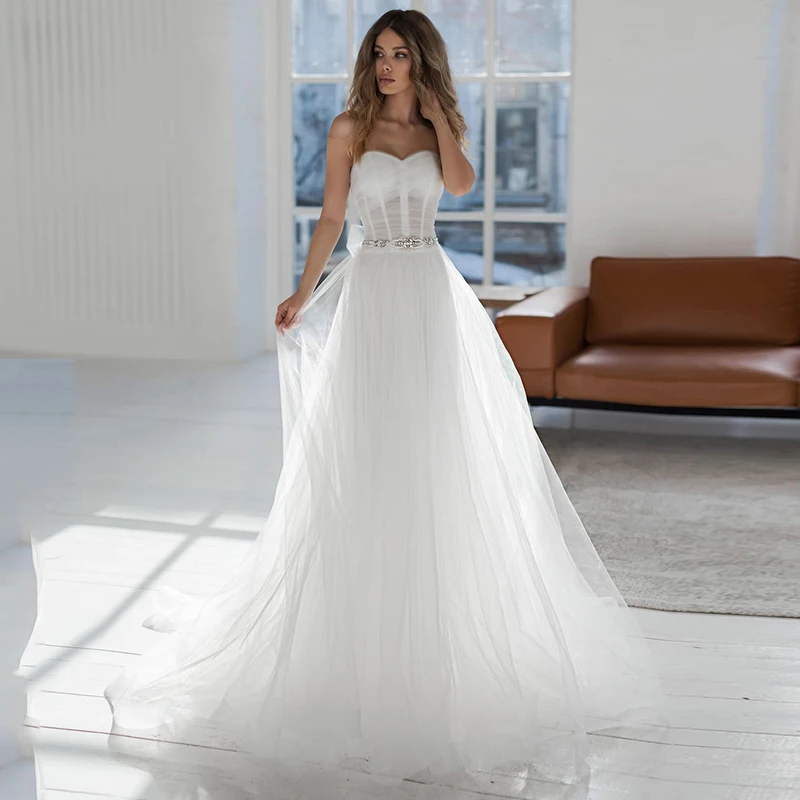 

Graceful A Line Sweetheart Wedding Dress Ladies Sleeveless Tulle Backless Bridal Gowns with Beading Belt Vestido De Novia 2023