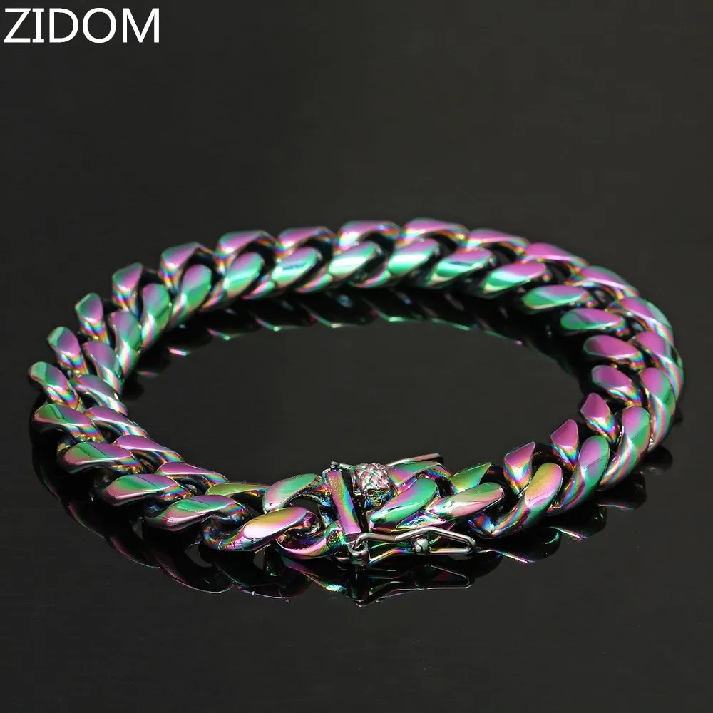 Для мужчин хип-хоп, кубинский браслеты красочные Нержавеющая сталь никогда не увядает 12 мм кубинская цепь в стиле хип-хоп браслет ювелирные изделия Прямая