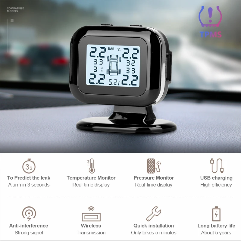 Автомобильный TPMS 4 шины беспроводная система контроля давления в шинах Автоматическая сигнализация HD цифровой дисплей USB интерфейс Поддержка зарядки телефона